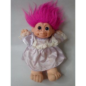 VTG Russ Berrie 12" Troll Doll Girl Purple Satin Dress Plush Soft Body Blue Eyes